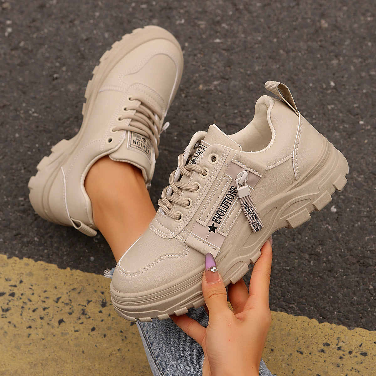 Lace-up Sports Shoes With Side-Zipper Design Fashion Thick-soled Round-toe Casual Shoes For Women Sneakers by Josla