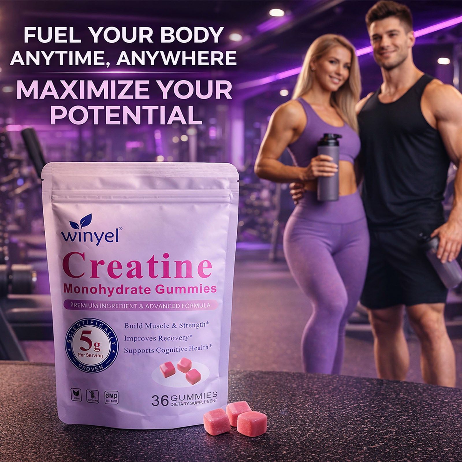 Creatine Monohydrate Gummies, 5 Grams Per Serving, Sugar-free Creatine Gummies, Suitable For Workouts, Strength, Cognitive Health, And Muscle Support, Gluten-free, Berry-enhanced, 36 Gummies. by Josla