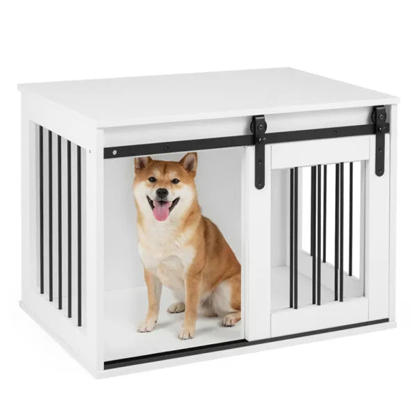 31.5" Dog Crate Furniture With Sliding Barn Door, Wooden Dog Kennel End Table For Indoor Use - White by Josla
