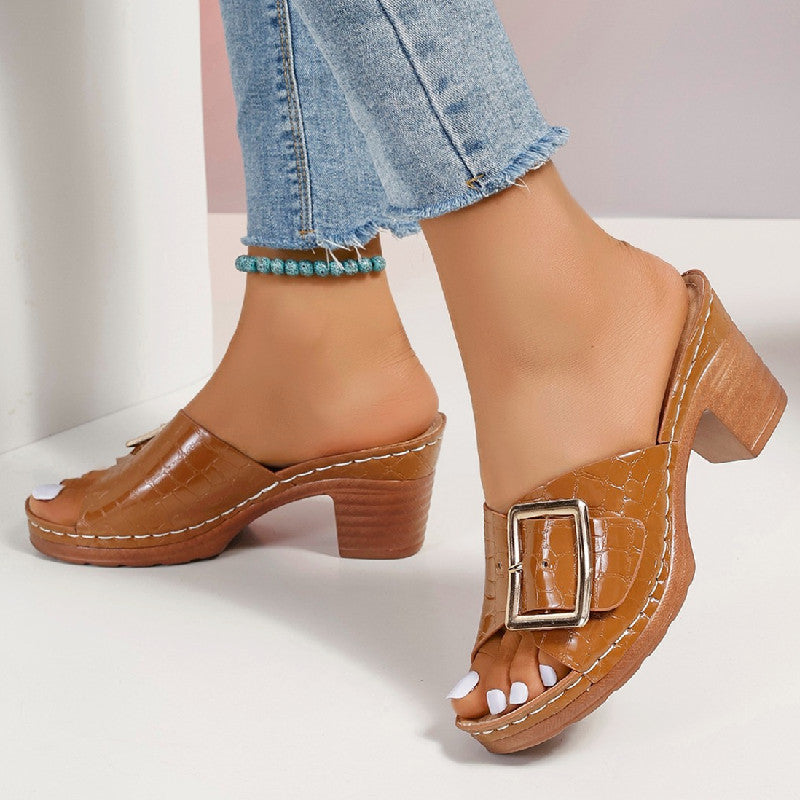 Fashion Crocodile-textured Buckle Sandals Square Chunky Heel Peep-toe Slides Slippers Women Shoes by Josla