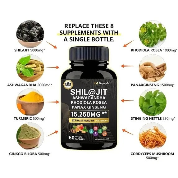 15-in-1 Sea Moss & 8-in-1 Shilajit Ashwagandha Supplement Bundle Energy Mood Support 60 Capsules Each by Josla