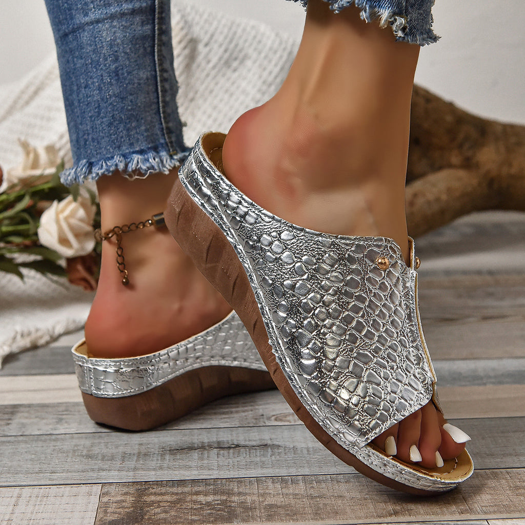 Fashion Crocodile-pattern Wedges Sandals Summer Outdoor Thick-soled Slippers Fish Mouth Shoes For Women by Josla