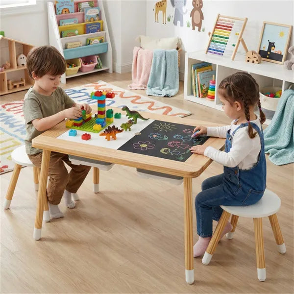All-in-One Kids Activity Table And Chairs Set, Pine Wood Sensory Table With Foldable Storage Bins For Ages 3+ by Josla