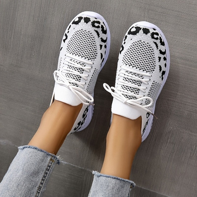 White Shoes Women Leopard Print Lace-up Sneakers Sports by Josla