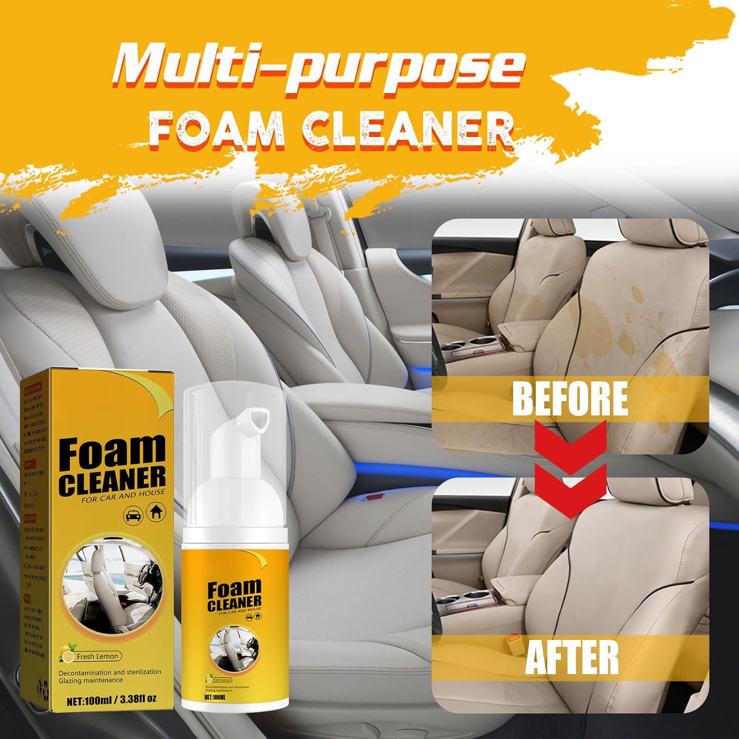 2Pcs Multipurpose Foam Cleaner Spray 100ml, Foam Cleaner For Car And House Lemon Flavor, All-Purpose Household Cleaners For Car And Kitchen by Josla