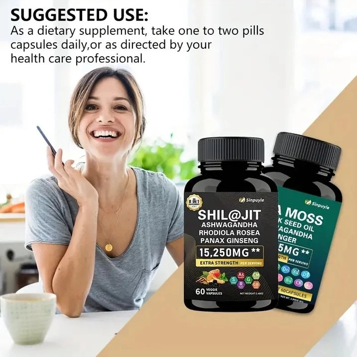 15-in-1 Sea Moss & 8-in-1 Shilajit Ashwagandha Supplement Bundle Energy Mood Support 60 Capsules Each by Josla
