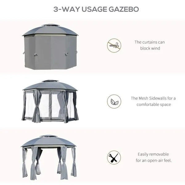 144x144 Inch Round Outdoor Gazebo, Patio Dome Gazebo Canopy Shelter With Double Roof, Netting Sidewalls And Curtains by Josla