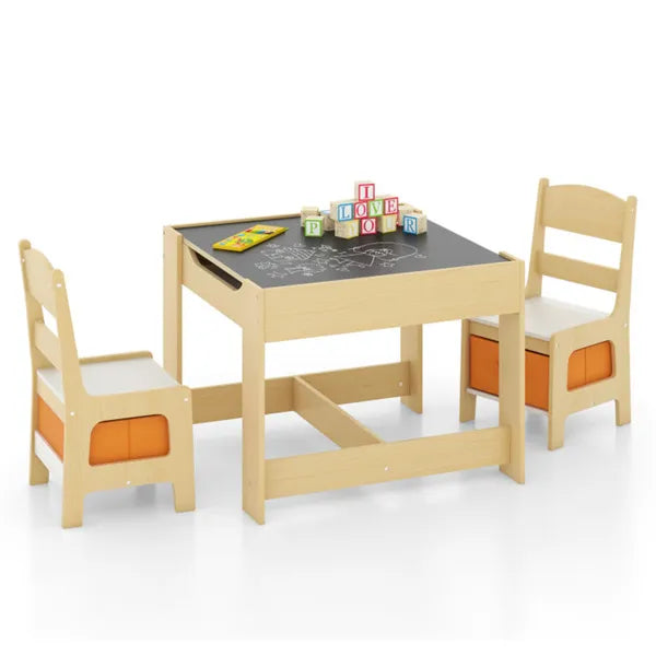 2-in-1 Kids Activity Table And Chairs Set, Double-Sided Whiteboard & Blackboard, With Hidden Storage, Certified Non-Toxic MDF, Perfect Gift For 3-7 Years Old (Natural) by Josla