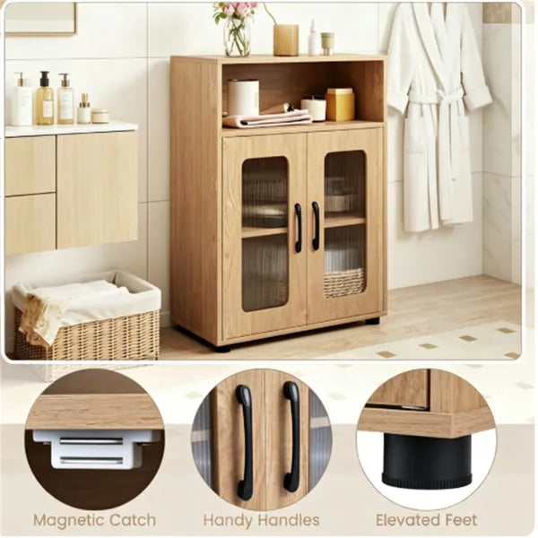 Natural Modern Engineered Wood Bathroom Cabinet With Open Compartment, Anti-Toppling Tall Storage Cabinet With Magnetic Door Catch For Living Room Entryway by Josla