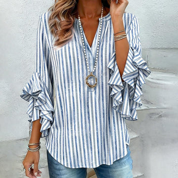 Women's
Striped V-Neck Blouse with 3/4 Ruffle Sleeves