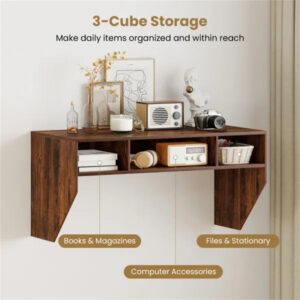 Rustic Brown Wall-Mounted Floating Computer Desk With 3-Cube Storage, Sturdy Wooden Workstation For Home Office - Image 5
