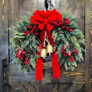 Front Door Decorative Christmas Wreath with Bells and Red Berries, Farmhouse
