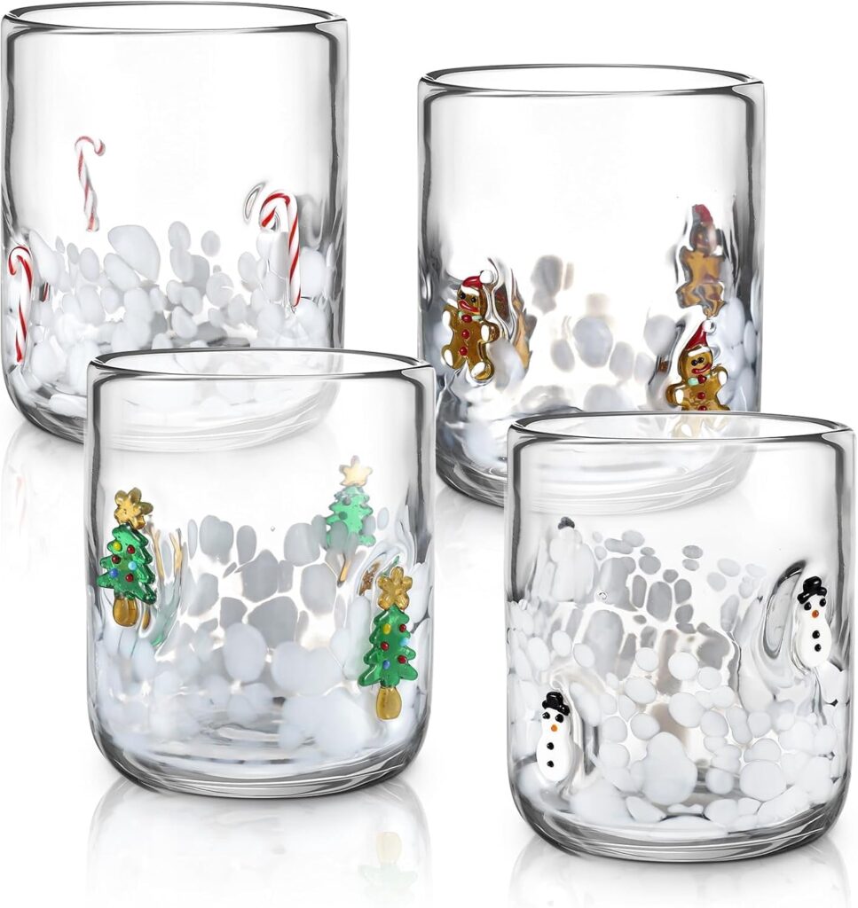 Holiday Icon Glass Cups, Set of 4 Festive 
Designs