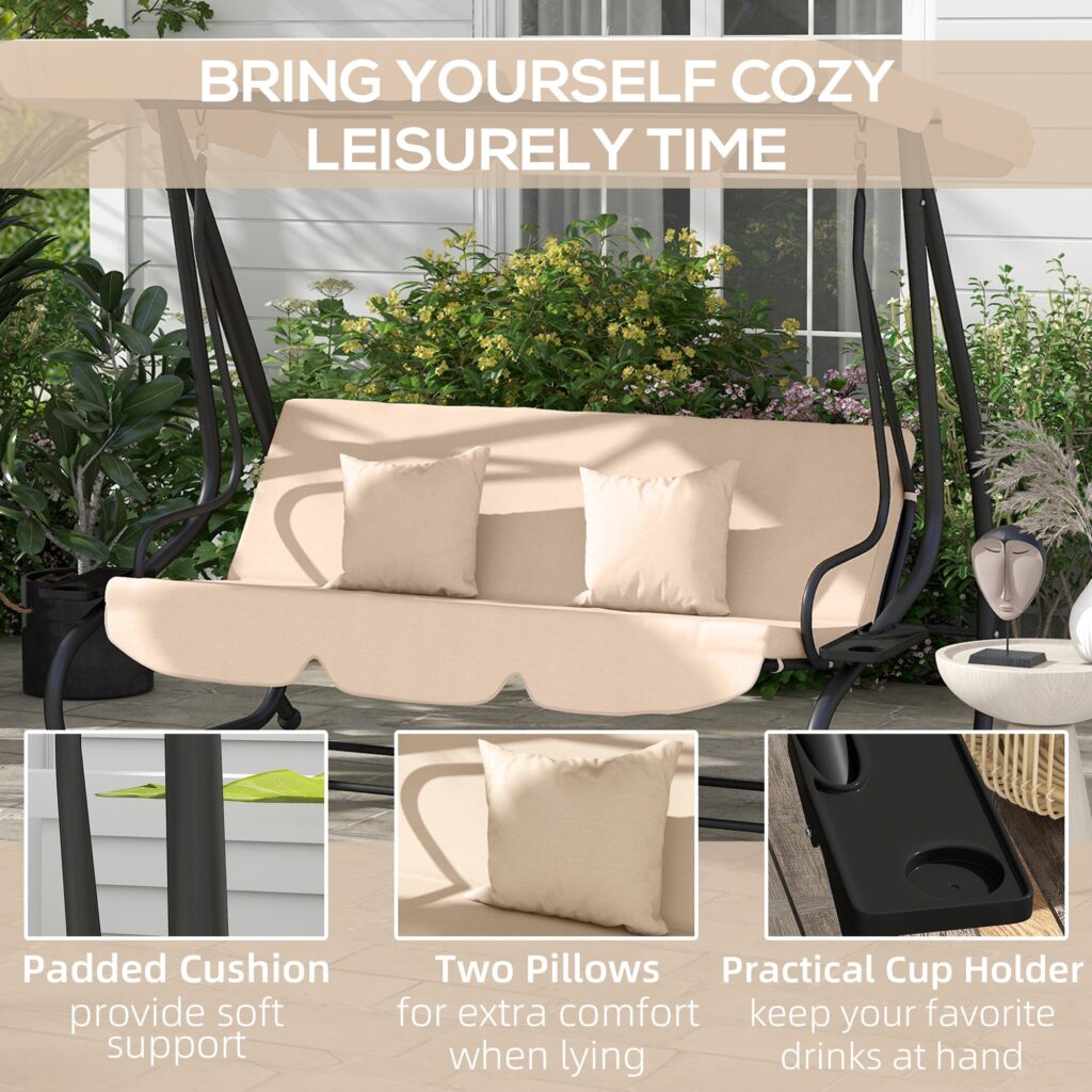 Free Standing Swing Bench, Porch Swing with Stand, Adjustable Canopy, Cushion and Pillows, Ecru