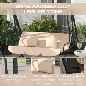 Free Standing Swing Bench, Porch Swing with Stand, Adjustable Canopy, Cushion and Pillows, Ecru - Image 7