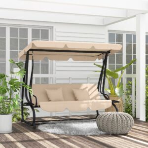 Free Standing Swing Bench, Porch Swing with Stand, Adjustable Canopy, Cushion and Pillows, Ecru - Image 1