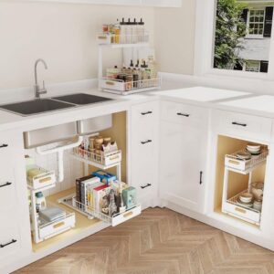 2 Pack Under Sink Sliding Drawer Organizer Ball Bearing Pull Out Cabinet Adjustable 2 Tier Rack Whit