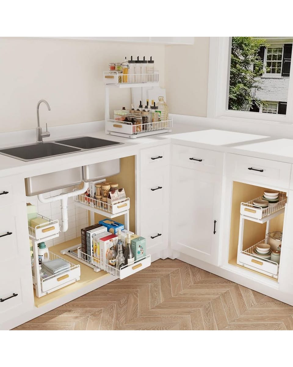 2 Pack Under Sink Sliding Drawer Organizer Ball Bearing Pull Out Cabinet Adjustable 2 Tier Rack Whit - Image 1