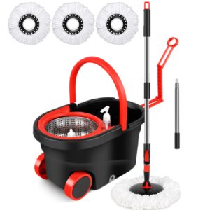 Spin Mop and Bucket Set with Wringer, 3 Microfiber Heads, 61-Inch Handle