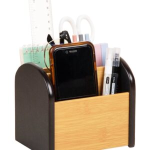 Mind Reader Desktop Organizer with 4 Compartments, Natural Wood and Matte Finish Sides, Compact Desk