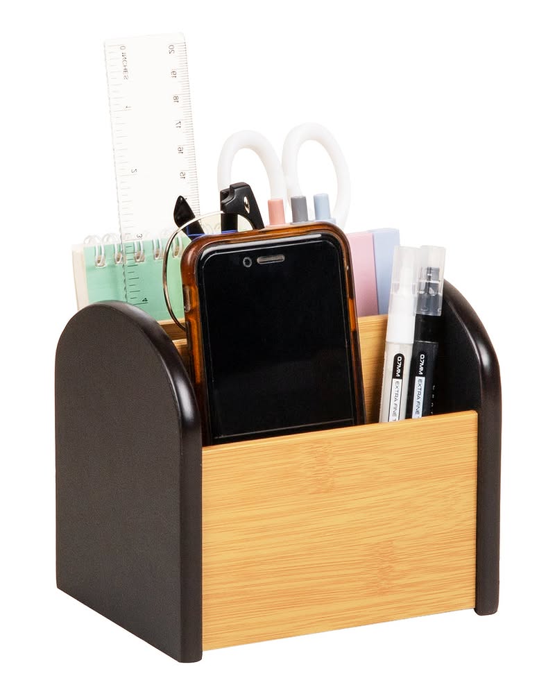 Mind Reader Desktop Organizer with 4 Compartments, Natural Wood and Matte Finish Sides, Compact Desk