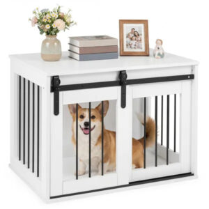 31.5" Dog Crate Furniture With Sliding Barn Door, Wooden Dog Kennel End Table For Indoor Use - White - Image 1