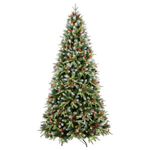 Artificial 5ft Green LED-lit Christmas Tree With 1113PE PVC Mixed Branch Tips,Red Fruit And Pine Cone,Hinged Premium & Foldable Base For Indoor Holiday Decorating - Image 1