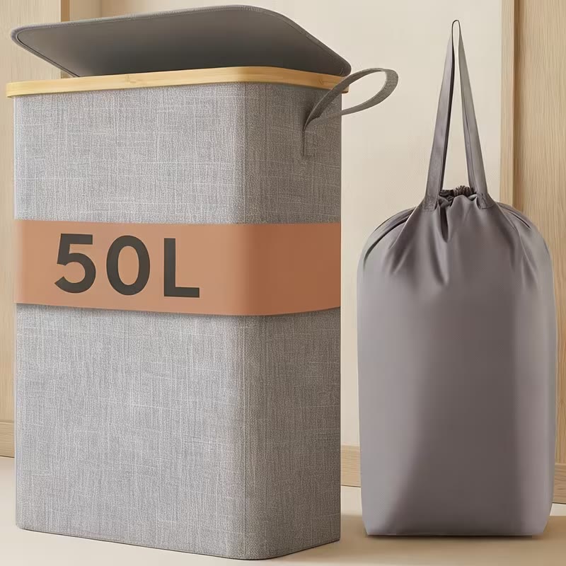 Narrow Laundry Hamper with Lid, Bamboo Handles, Removable Bag