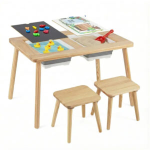 All-in-One Kids Activity Table And Chairs Set, Pine Wood Sensory Table With Foldable Storage Bins, Chalkboard & Whiteboard For Ages 3+ - Image 1