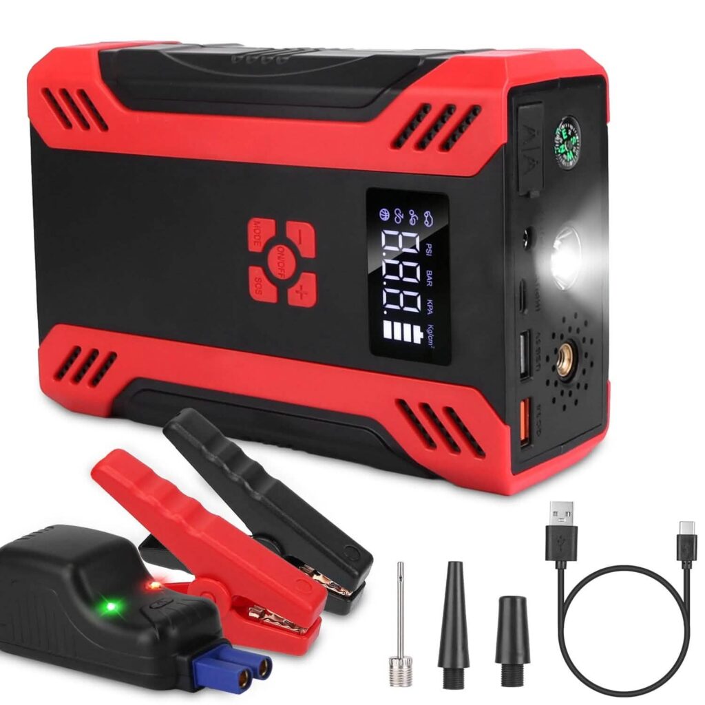Portable Jump Starter with Air Compressor, LED Light & Tire
Inflator