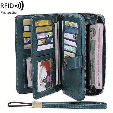 Men's Long Wallet with RFID Blocking, Wrist Strap, Zippered Card Pouch