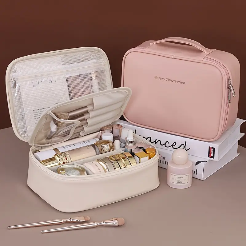 Makeup Bag Cosmetic Organizer with 4 Removable Pouches and Jewelry Roll